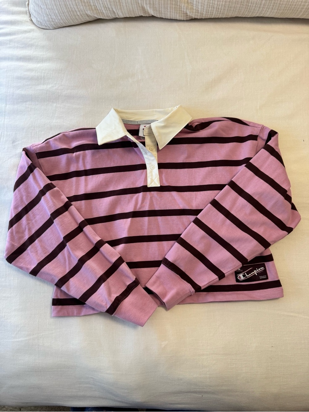 Champion Pink & Burgundy Striped Rugby Shirt with White Collar Size Medium
